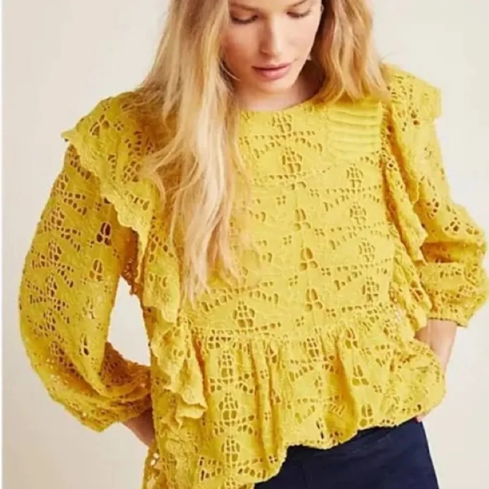 Anthropologie Yellow Lace Ruffle Blouse